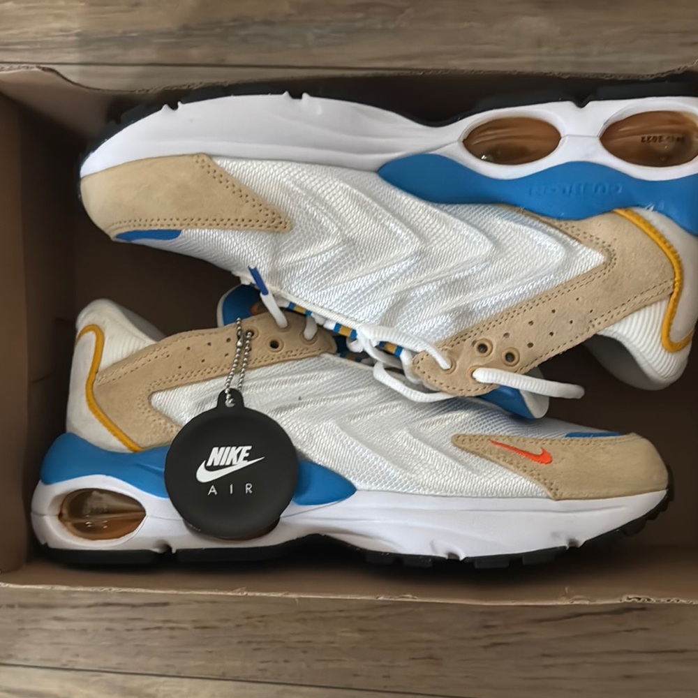 Nike Air White and Blue Sneakers with Tan Accents